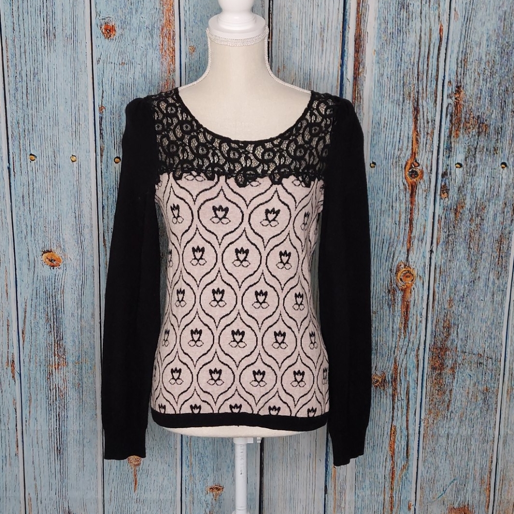 Anthropologie Black and Cream Lace Scoop-Neck Sweater